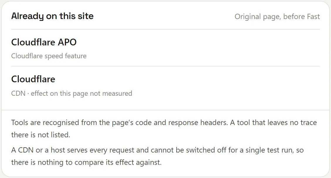 A list of speed tools detected on the original page, a CDN among them, with a note that a CDN cannot be switched off for one test run.
